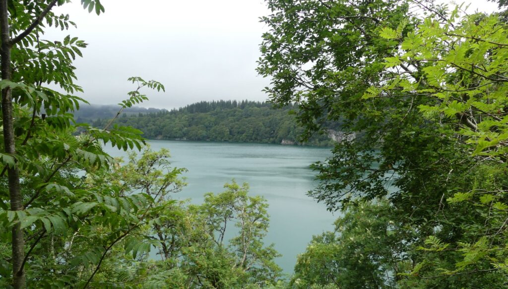 Vue sur le lac Pavin depuis la forêt